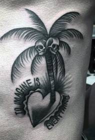 unikāli veidots sirds formas salas galvaskausa palmu koku tetovējums