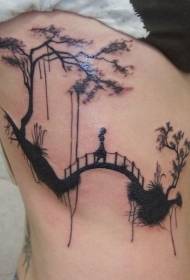 Costole laterali stile asiatico nero solitario e modello di tatuaggio ponte