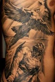 costella lateral, un model de tatuatge realista d'àngel bell i negre