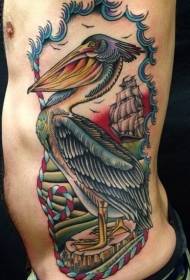 juosmens spalvos paukščio ir burlaivio tatuiruotės modelis