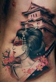 guerriero femmina asiatico colorato a coste laterali con motivo a tatuaggio di casa