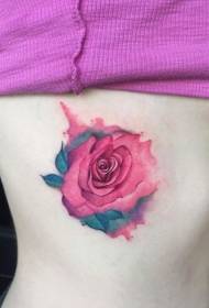 female waist side ink color rose tattoo pattern