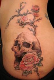 cráneo de cor cintura e patrón de tatuaxe de rama de flores