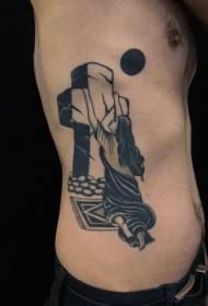 странична ребра црна жена со камен крст и месечина тетоважа шема