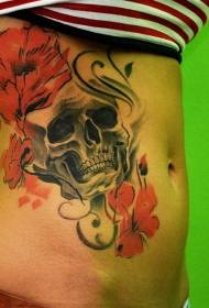 talje side retro farve kranium og blomst tatovering mønster