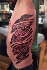 waist side color realistic mechanical and letter tattoo picture