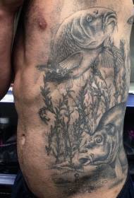 costole laterali Modello di tatuaggio calamari inferiore grigio nero molto realistico