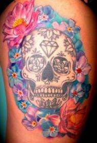 gran calavera negra con varios diseños de tatuajes de flores multicolores