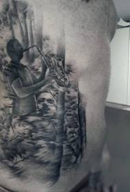 side ribbe Svartgrå saksofon musiker tatoveringsmønster
