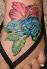 instep hibiscus flower and blue chameleon tattoo pattern