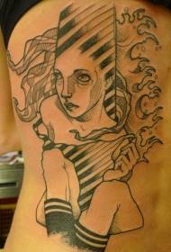 背部不寻常的黑色幻想女人纹身图案