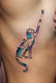 ribs ຂ້າງ butterfly ສີທີ່ຫນ້າສົນໃຈແລະຮູບແບບ tattoo cat