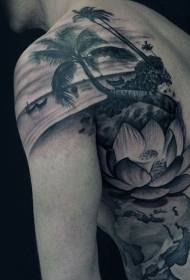 ramena crni sivi lotos s palmama i obalnim krajolikom tetovaža uzorak
