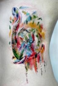 Boczne żebra kolorowy słoń w stylu przypominającym akwarele tatuaż