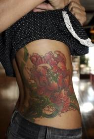 女性腰部彩色大百合花纹身图案