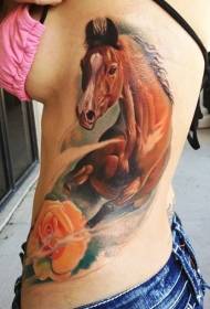 female waist side color realistic horse and rose tattoo picture