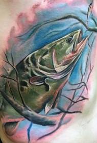 derékoldalt nagybetűs színű furcsa hal tetoválás mintával