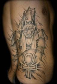 šoniniai šonkauliai didžiulis juodas Anubio dievo ir piramidės tatuiruotės raštas