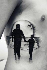 šonkaulys juodai baltas tėvas ir sūnus saulėlydžio peizažo tatuiruotės modelis