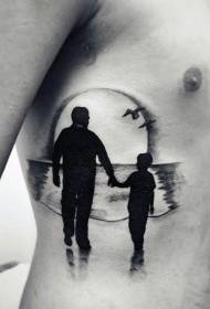 side rib black and white father and son sunset landscape tattoo pattern