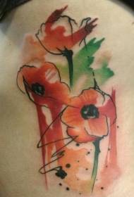 腰侧水彩色红罂粟花纹身图案