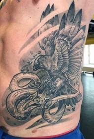 fantasy style black eagle and snake fighting side rib tattoo pattern