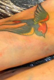 女性腳背上的多彩色的燕子紋身圖案