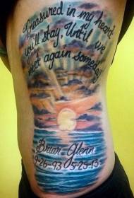 šoninis šonkaulis jūros paviršiaus saulėtekis ir romantiškas spalvotas laiškas tatuiruotės modelis