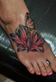 可爱鲜艳的百合花和蝴蝶脚背纹身图案