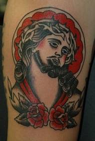 전통적인 예수의 얼굴과 장미 문신 패턴