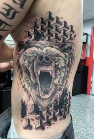 Orso ruggente bianco e nero a coste laterali con motivo tatuaggio gioielli