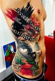 disegno del tatuaggio con teschio e lettere sul lato della vita