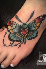 Disegno del tatuaggio sul collo del piede farfalla della pietra preziosa colorata nuova scuola del collo del piede