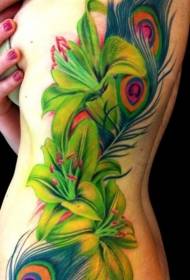 female ribs on colorful lily tattoo pattern