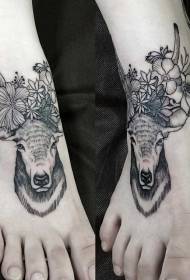 Instep small fresh black line deer head with flower tattoo pattern