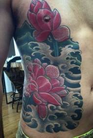 costelas laterais flores de cor xaponesa e patrón de tatuaxe de néboa