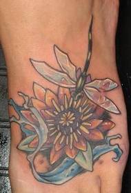 Instep Flowers og Dragonfly Color Tattoo Pattern