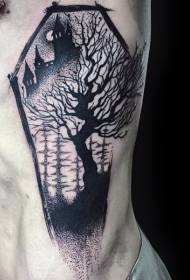 modèle de tatouage de château et arbre noir silhouette cercueil noir
