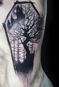 sagoma di bara a coste laterali castello nero e modello di tatuaggio dell'albero