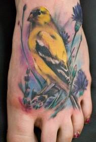 κίτρινο ρεαλιστική μοτίβο τατουάζ λουλουδιών πουλιών