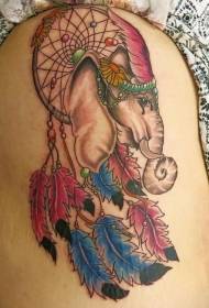 Costola laterale Illustrator Style Color Dream Catcher ed elefante Tattoo Pattern