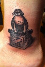Dibujos animados de tobillo ovejas sentado en patrón de tatuaje de caja de madera