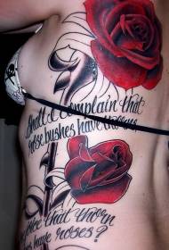 waist side large Red rose with English tattoo picture