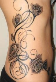 disegno del tatuaggio a forma di vite rosa nera grigia sul lato vita