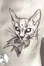 Side rib black line sketch style cat ແລະຮູບແບບ tattoo ນົກຕາຍ