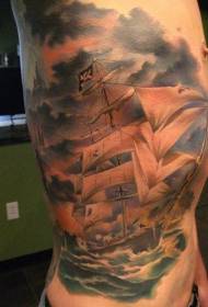 ẹgbẹ awọn ribs dara nwa awọ Pirate sailboat tatuu ilana