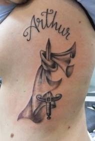 Side rib black cloak and dagger letter tattoo pattern
