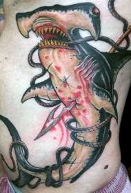 il·lustrador a l'estil de color de sang de sang fletxa model de tatuatge de tauró martell