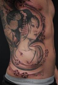 side ribs cute and attractive Asian geisha flower tattoo pattern