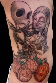 Halloween labu dan pasangan kartun berwarna pola sisi rusuk tato